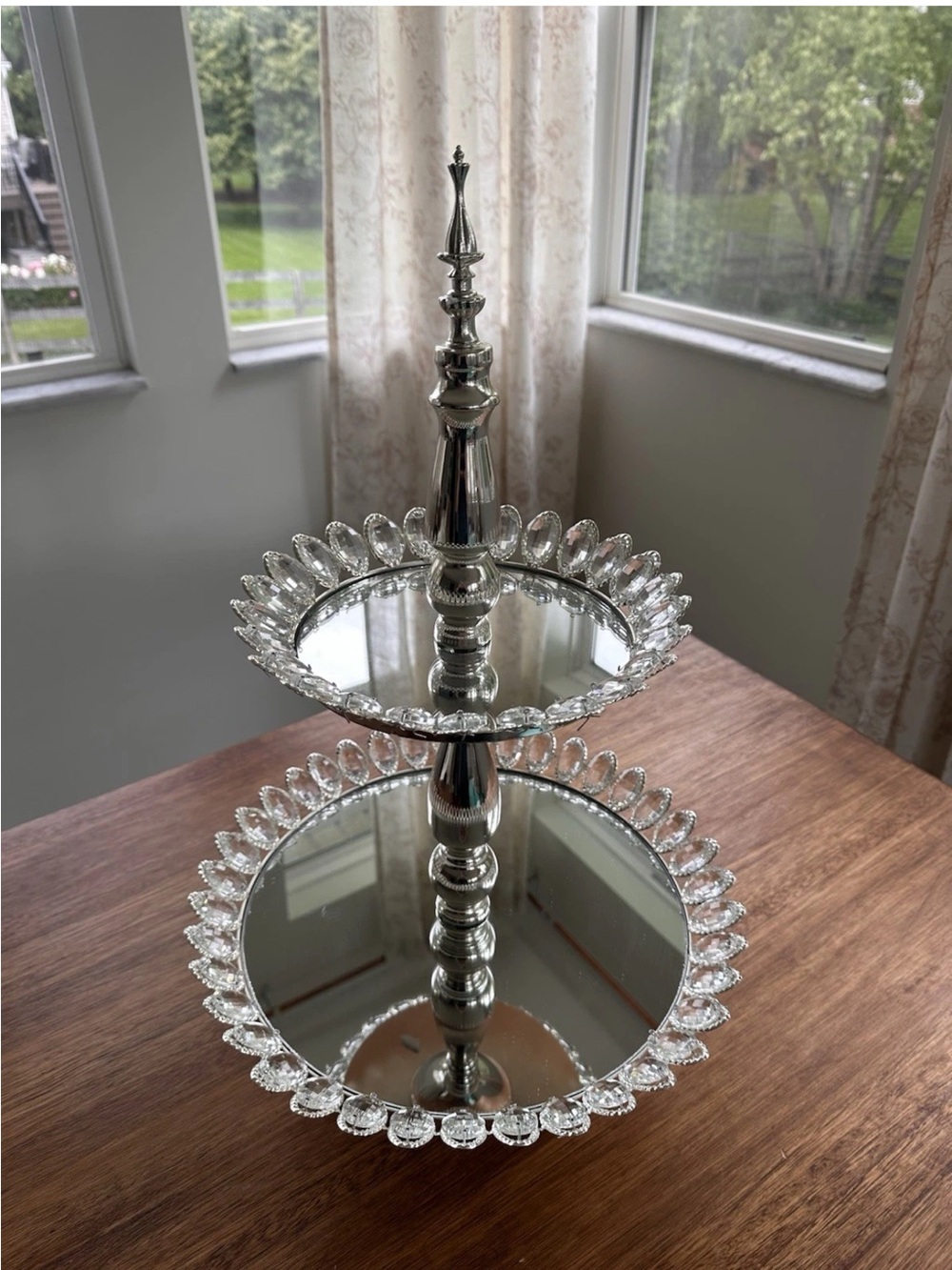 Crystal Beaded High Tea Two Tier Mirrored Cupcake Cake Stand, Silver/Chrome